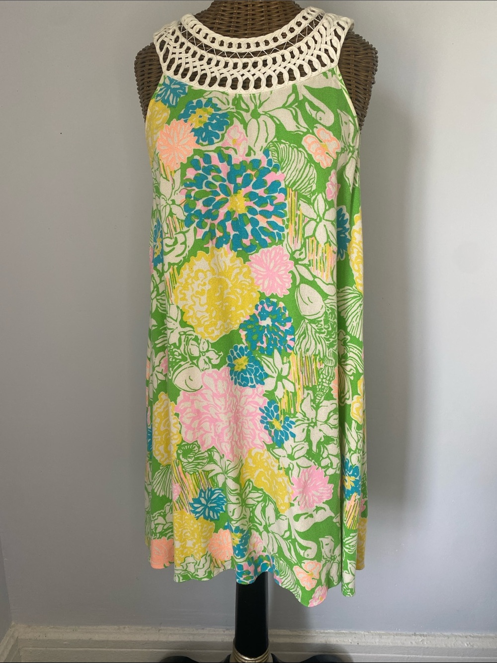 Lilly Pulitzer Green Floral Crochet-Yoke Mini Dress